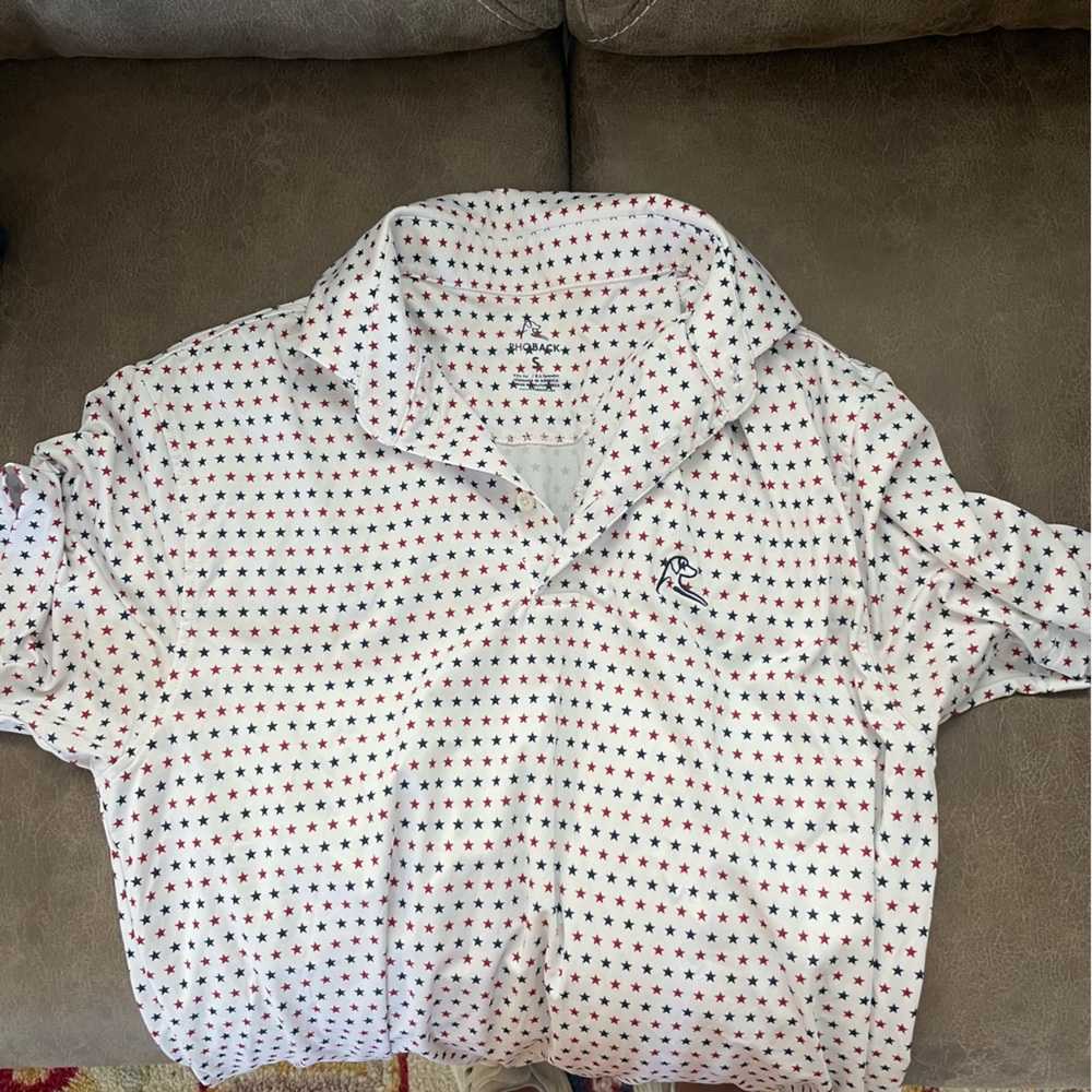 Rhoback White Polo Shirt with Red and Blue Stars